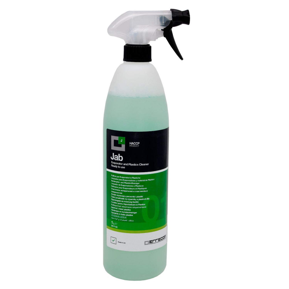 Universal Cleaner " Jab" 1L. Praktisk sprayflaske 1 L - Klar til bruk Flaske med 1 liter klar til bruk (allerede fortynnet med vann 1:5). Produktet kan påføres både i flytende og skummende form. Spesielt designet for rengjøring av fordampere og plasteleme